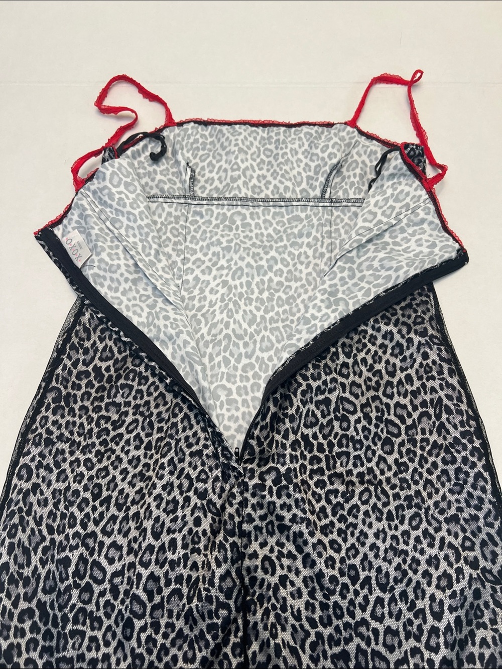 VINTAGE Y2K XOXO LEOPARD PRINT DRESS- MESH OVER SATIN WITH RED LACE STRAPS SMALL - Picture 12 of 15